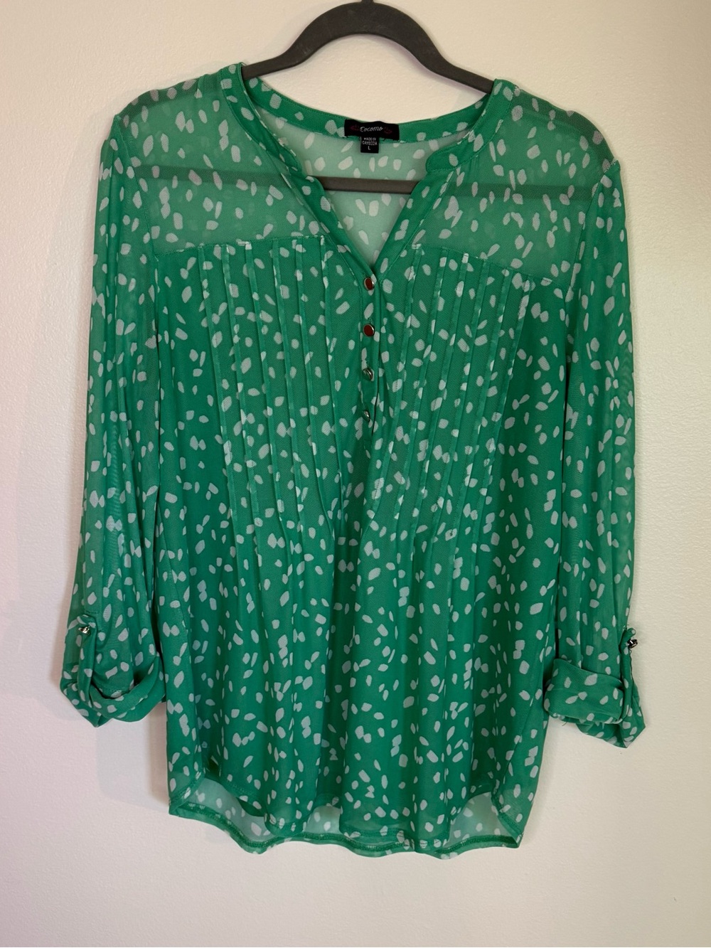 Womens L Green Polka Dot Lightweight Blouse W 3/4 Sleeve: Stretchy Work Chic
